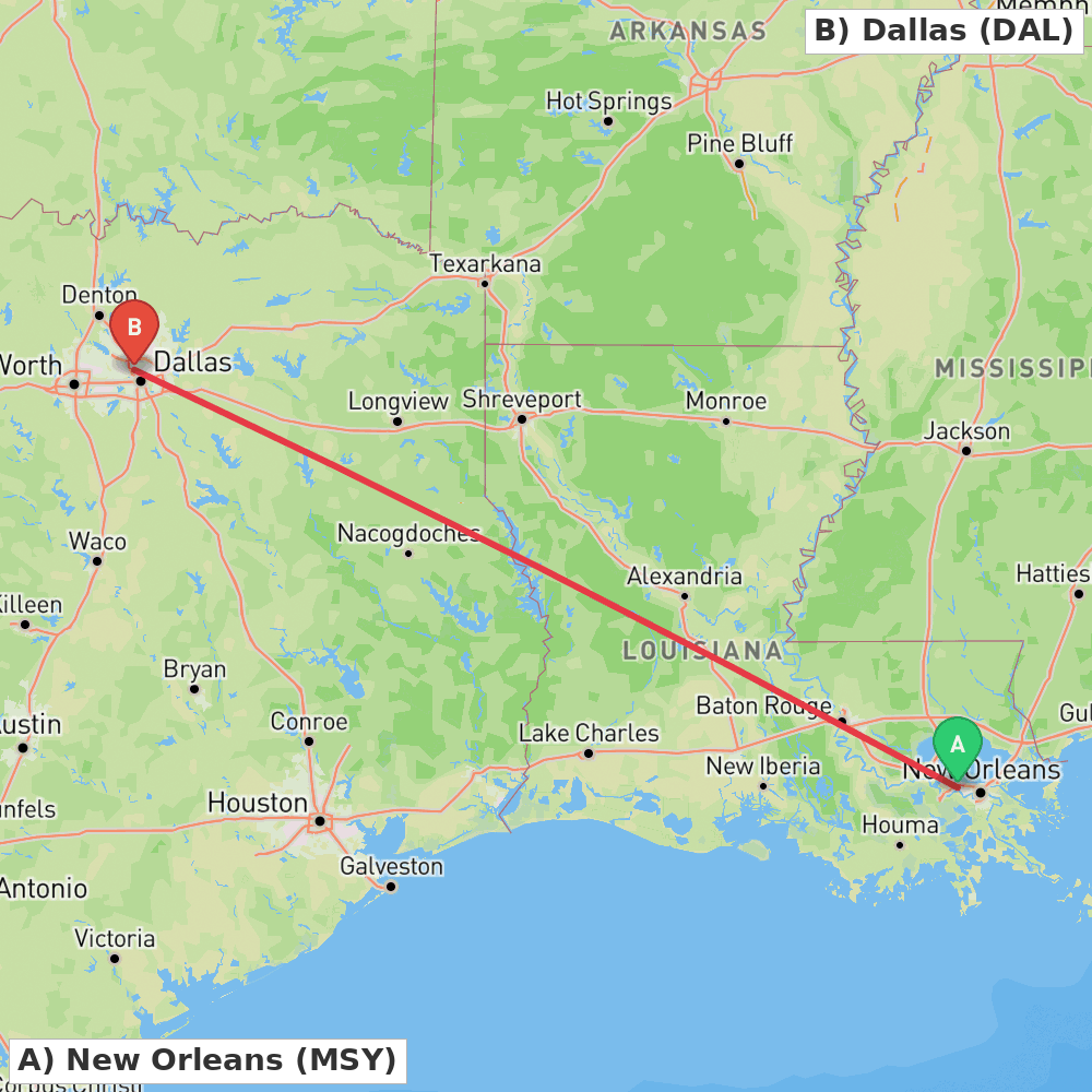 Flight route map from New Orleans to Dallas