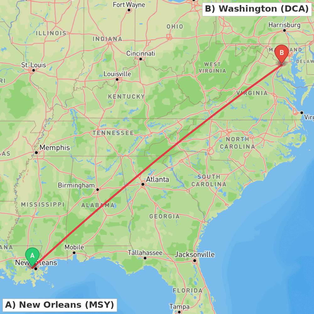 Flight route map from New Orleans to Washington