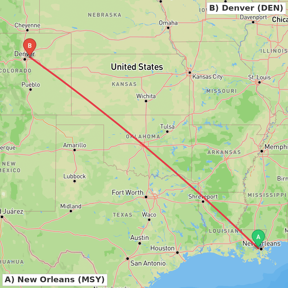 Flight route map from New Orleans to Denver