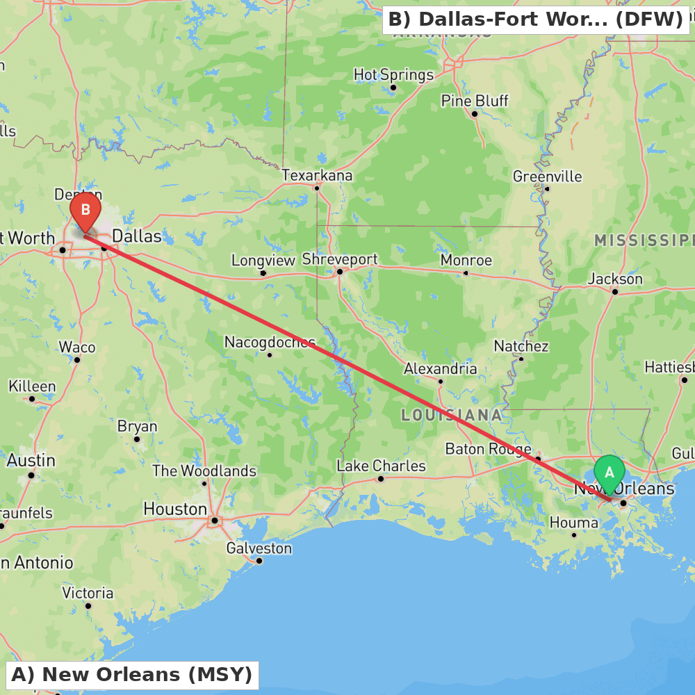 Flight route map from New Orleans to Dallas-Fort Worth