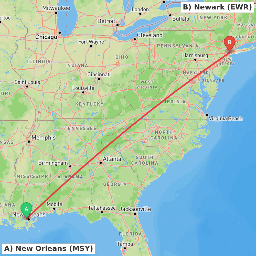 Flight route map from New Orleans to Newark