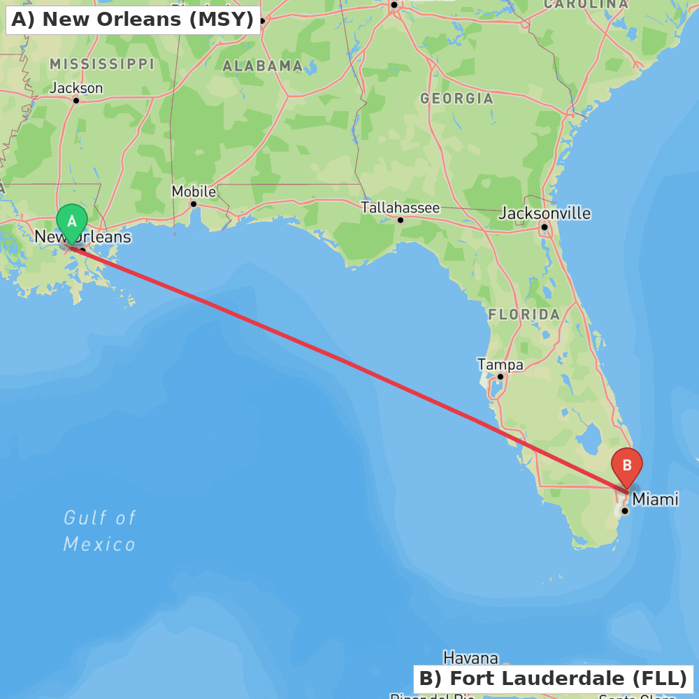 Flight route map from New Orleans to Fort Lauderdale