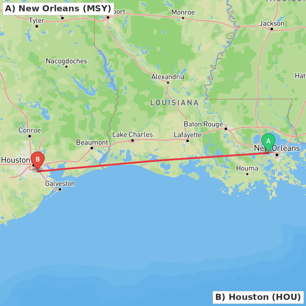 Flight route map from New Orleans to Houston
