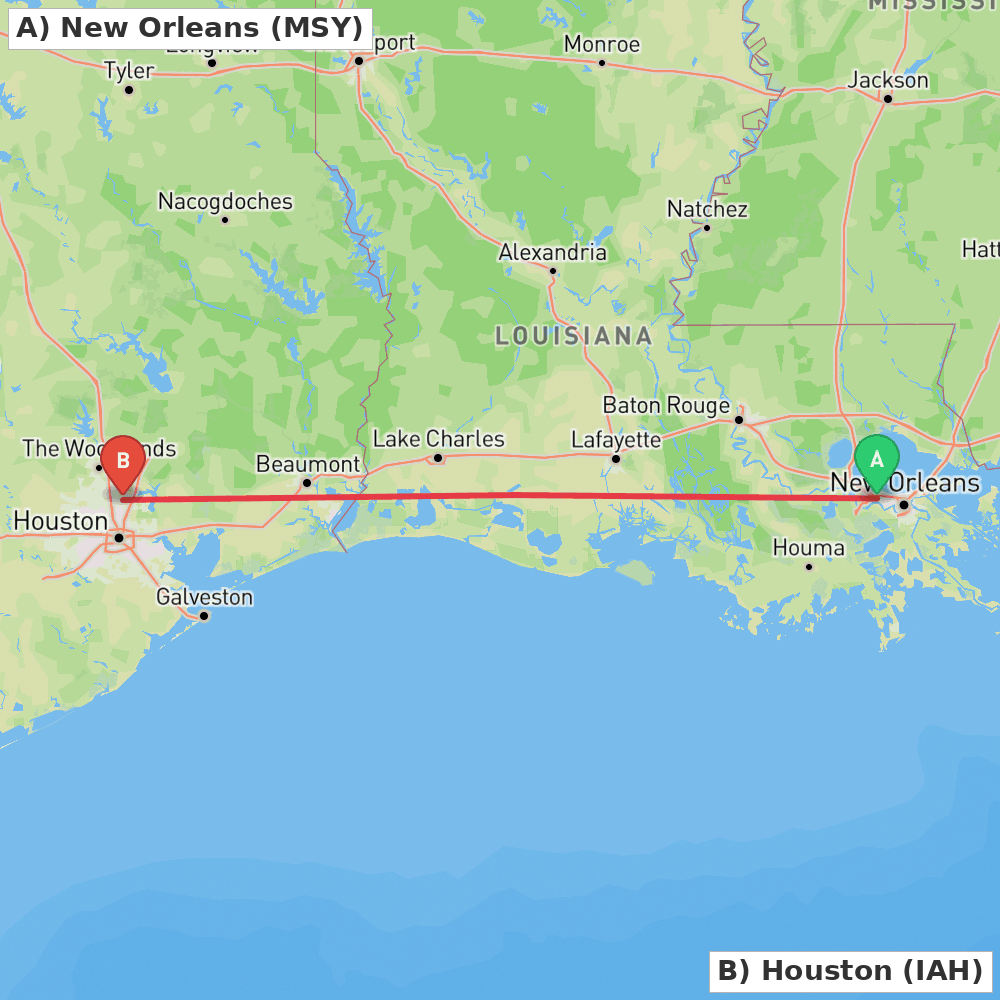 Flight route map from New Orleans to Houston
