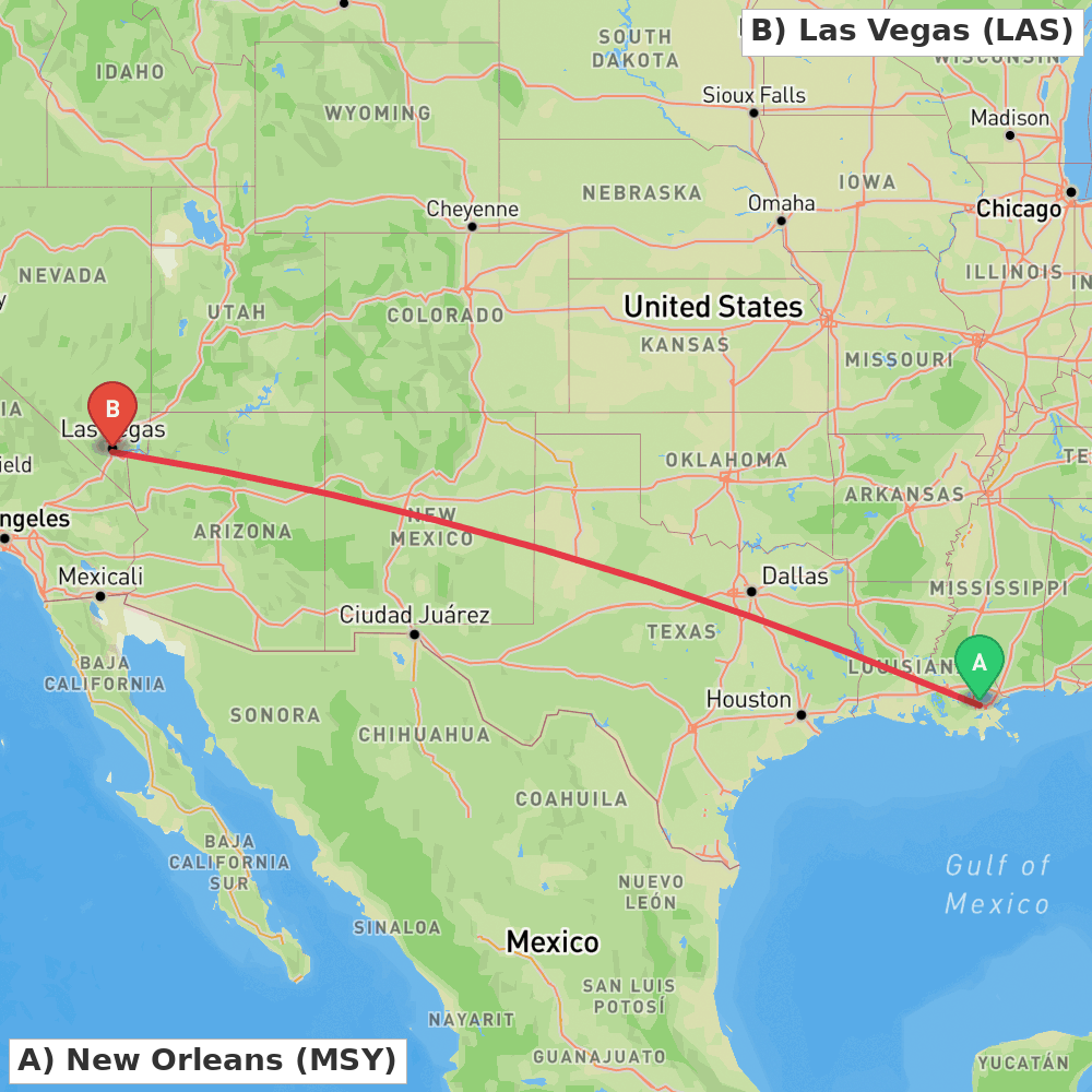 Flight route map from New Orleans to Las Vegas