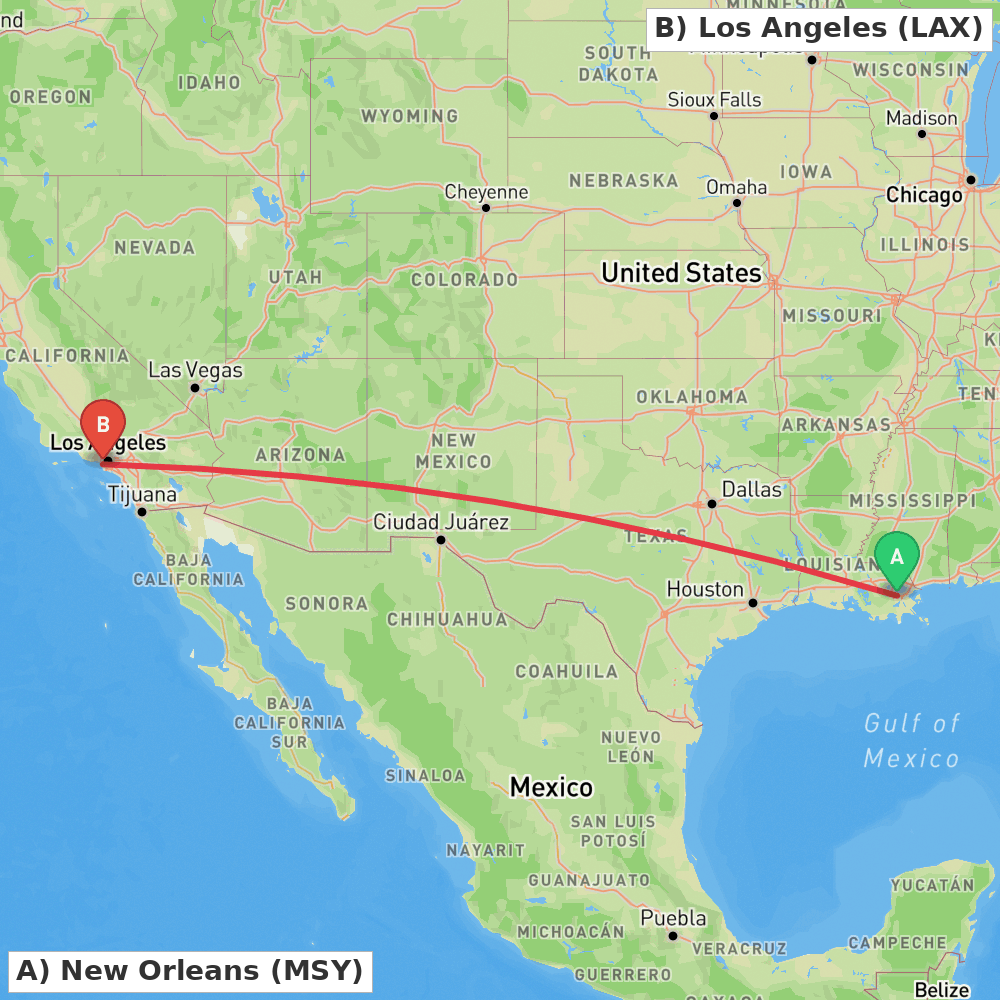 Flight route map from New Orleans to Los Angeles