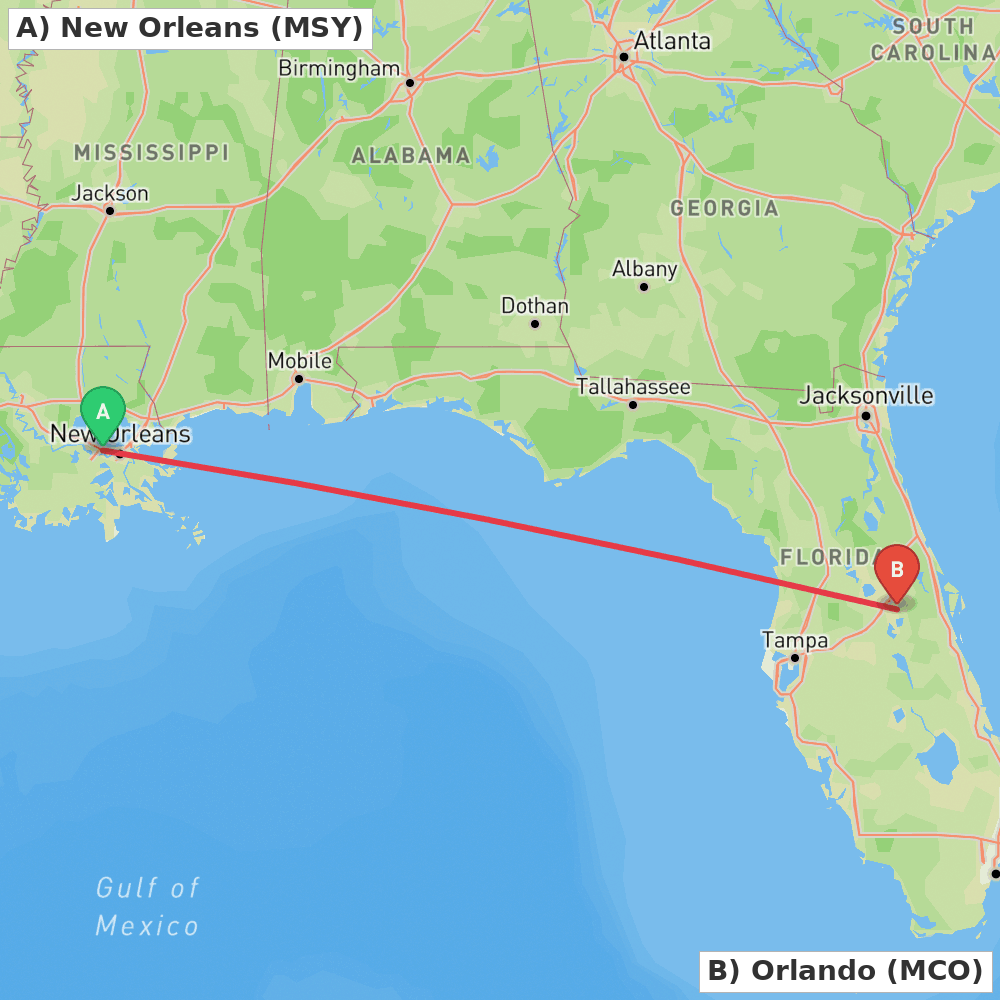 Flight route map from New Orleans to Orlando
