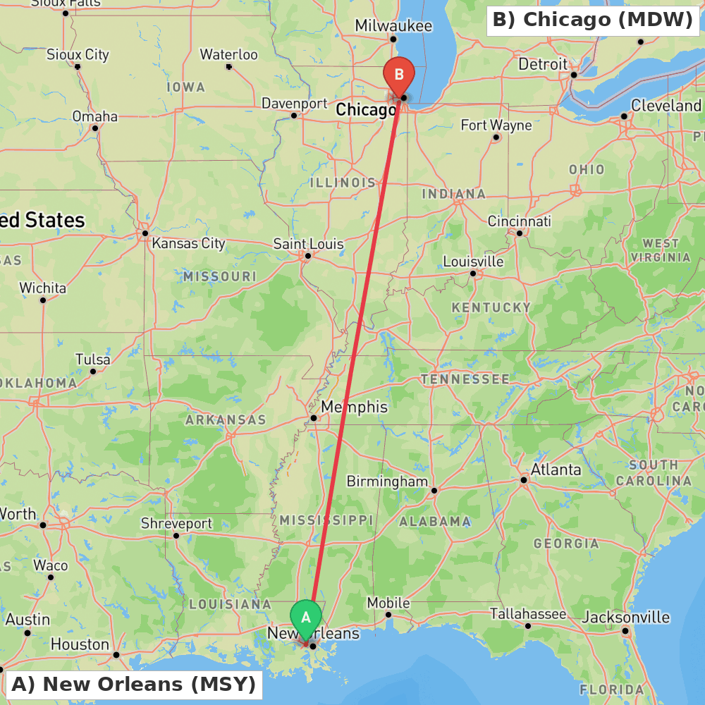 Flight route map from New Orleans to Chicago
