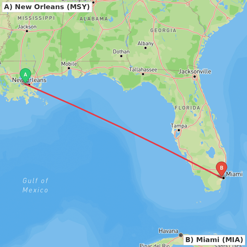 Flight route map from New Orleans to Miami