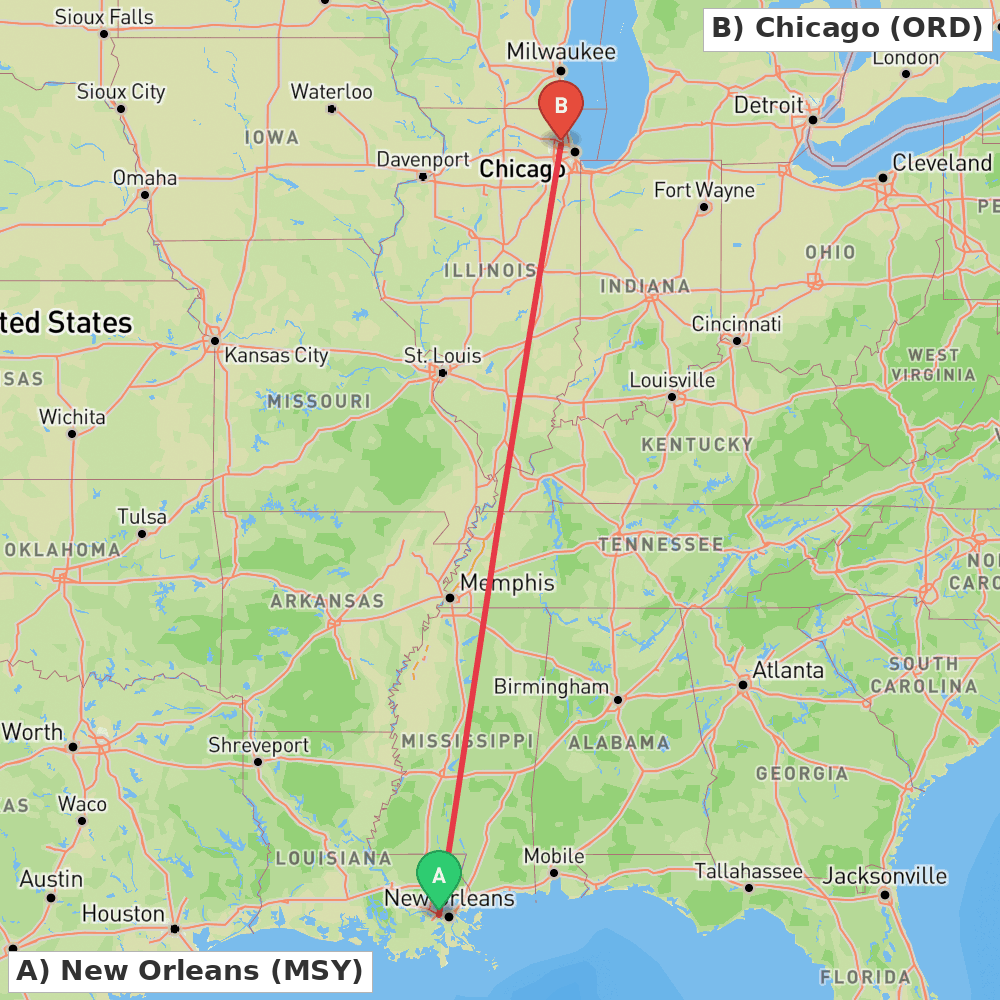 Flight route map from New Orleans to Chicago