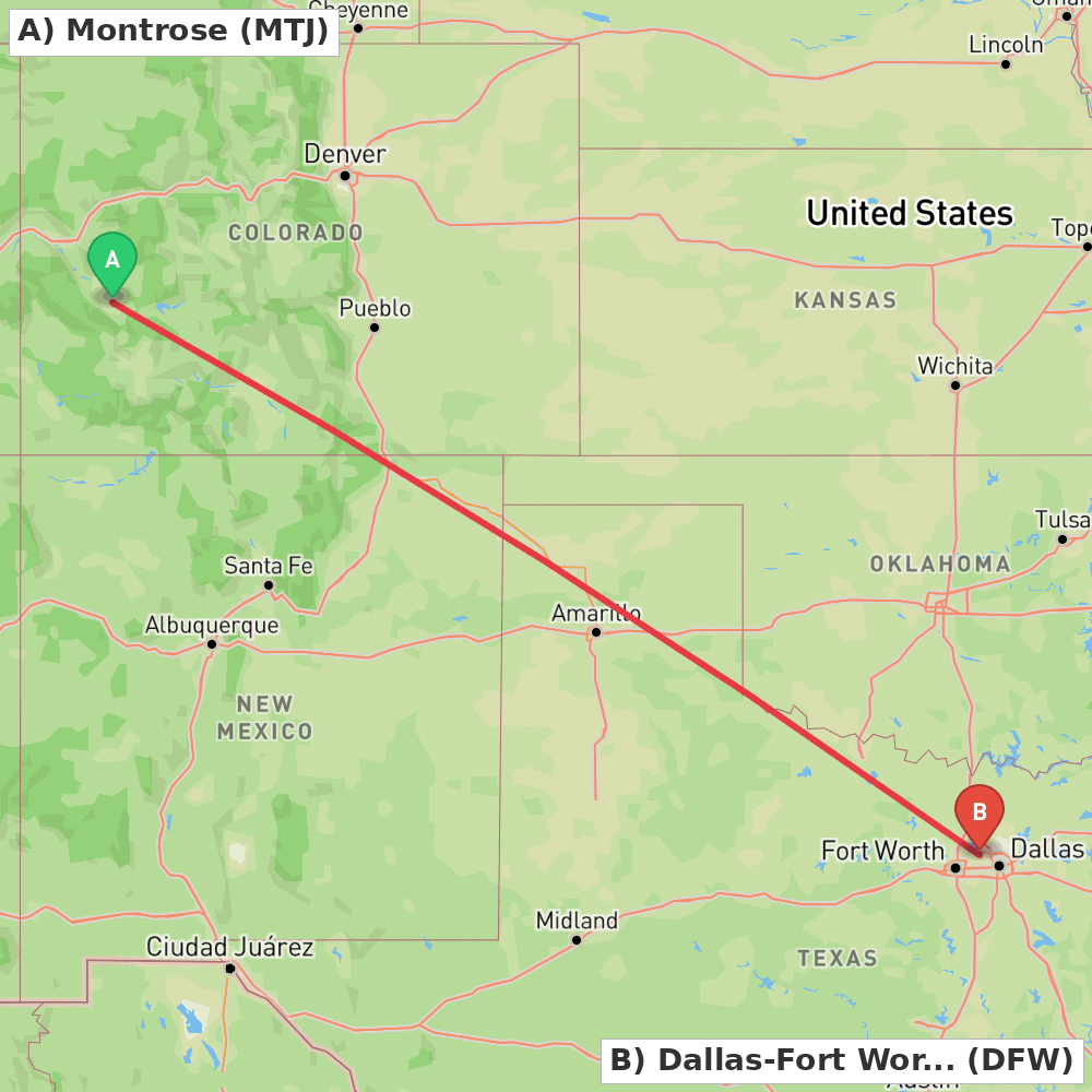 Flight route map from Montrose to Dallas-Fort Worth