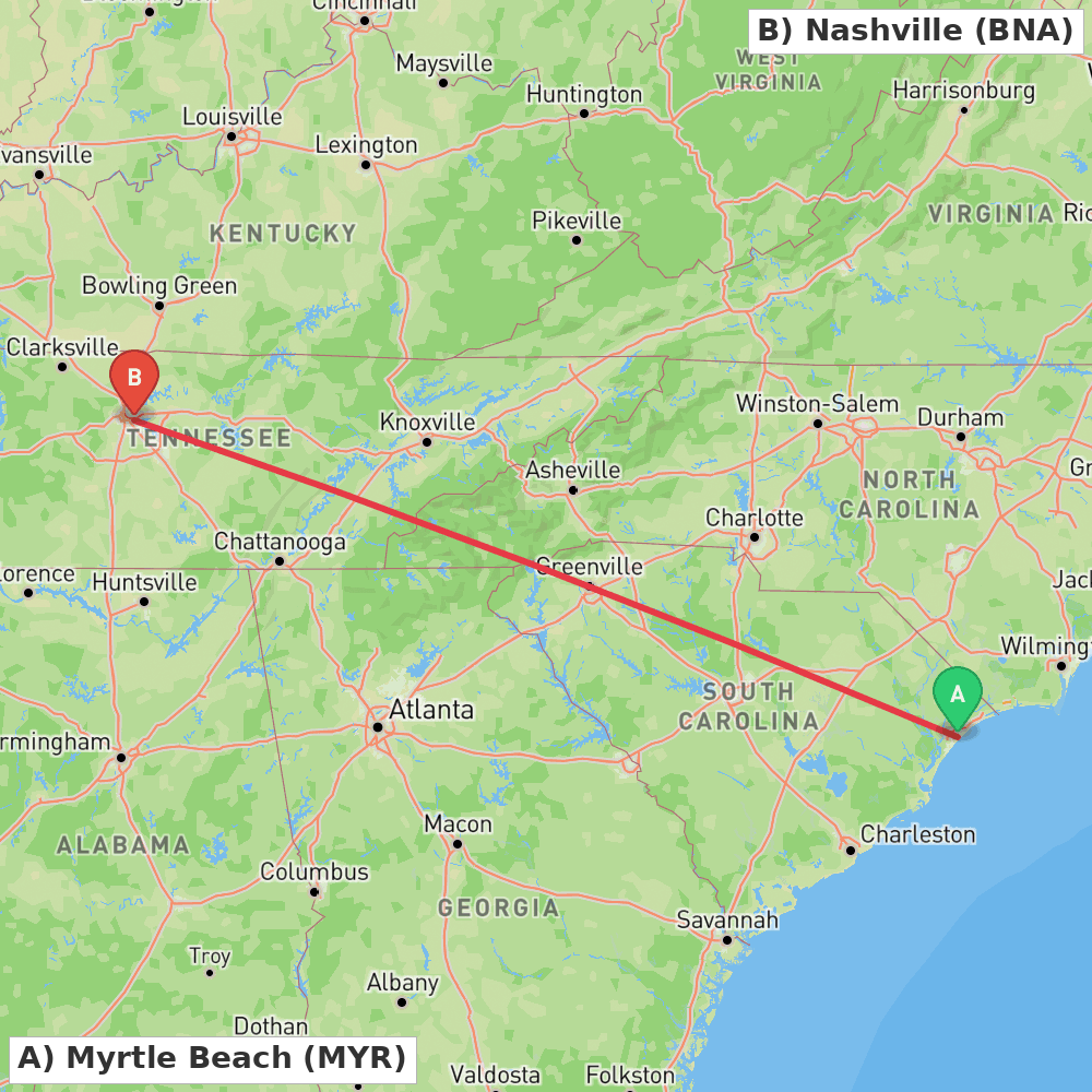 Flight route map from Myrtle Beach to Nashville