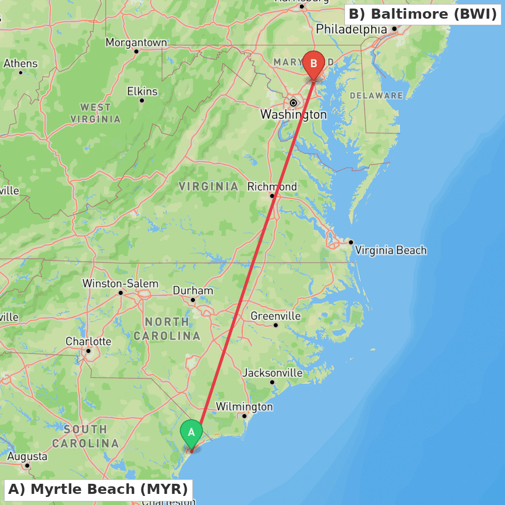 Flight route map from Myrtle Beach to Baltimore