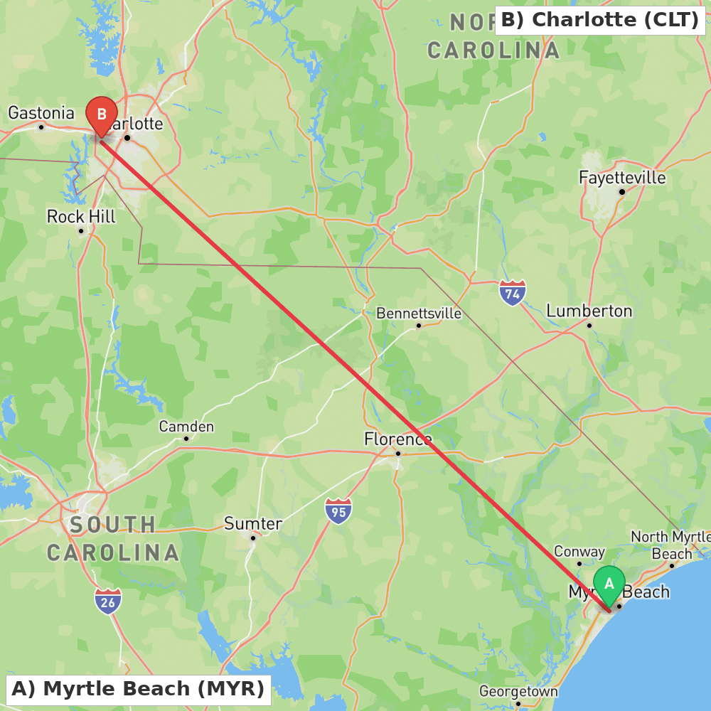 Flight route map from Myrtle Beach to Charlotte