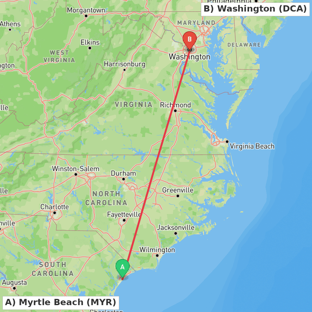 Flight route map from Myrtle Beach to Washington