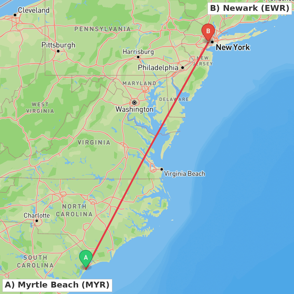 Flight route map from Myrtle Beach to Newark