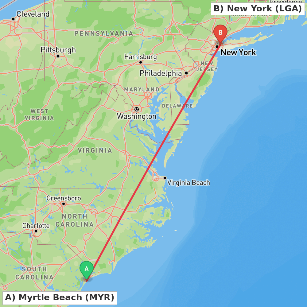 Flight route map from Myrtle Beach to New York