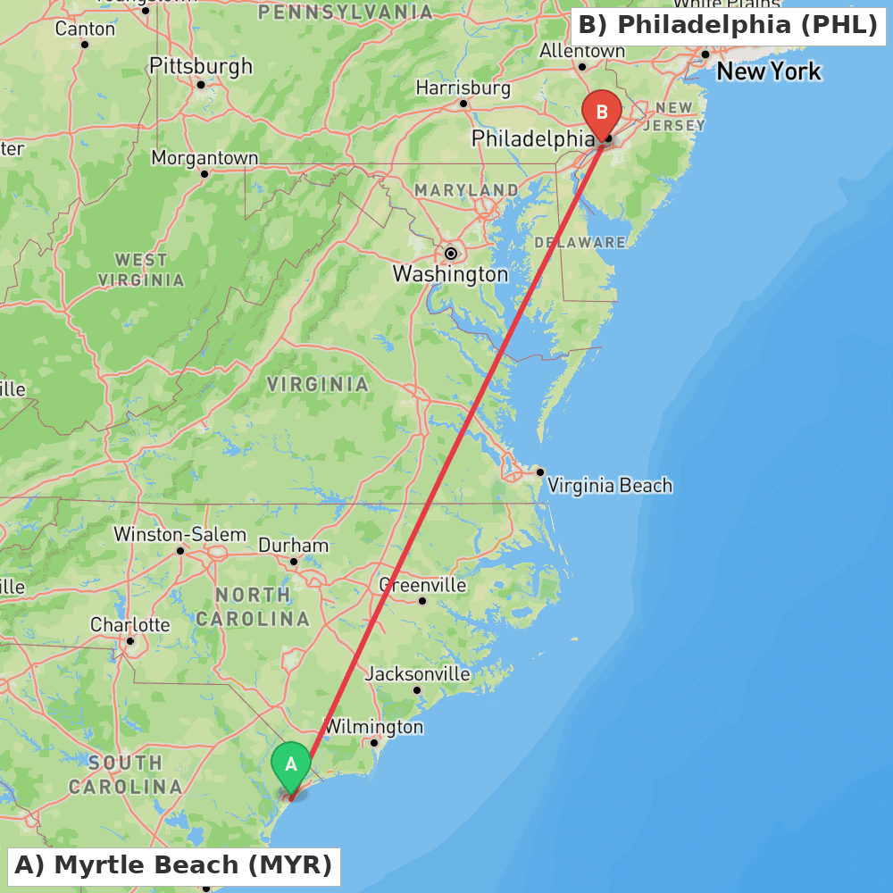 Flight route map from Myrtle Beach to Philadelphia