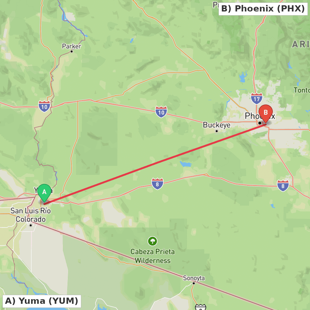 Flight route map from Yuma to Phoenix