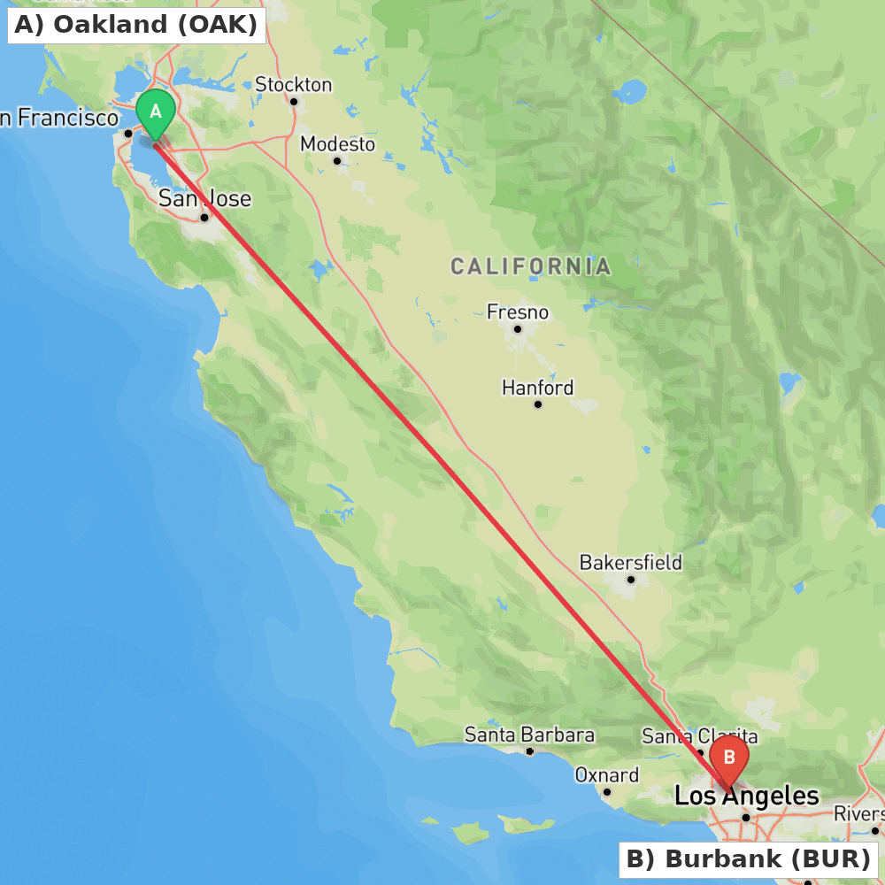 Flight route map from Oakland to Burbank