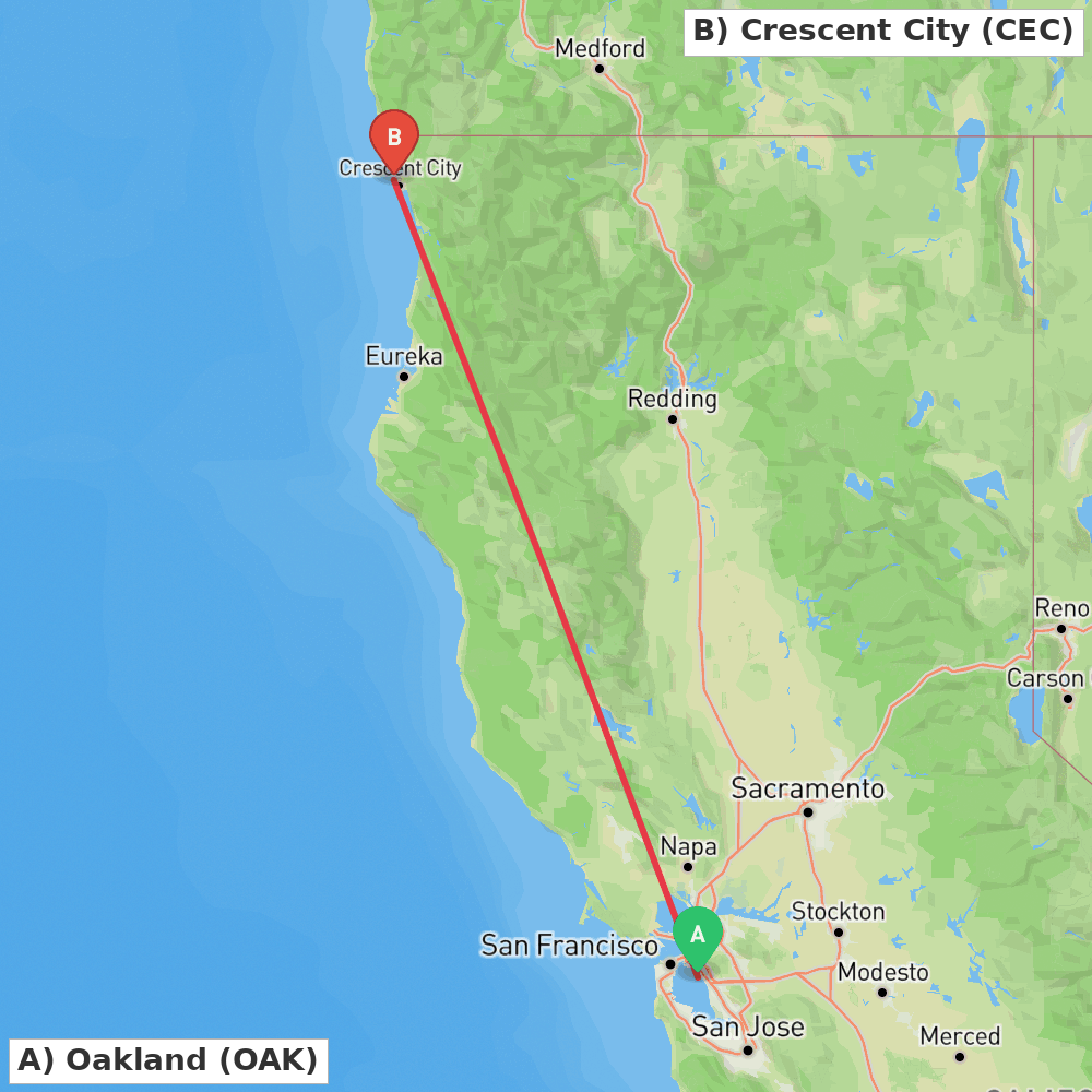 Flight route map from Oakland to Crescent City