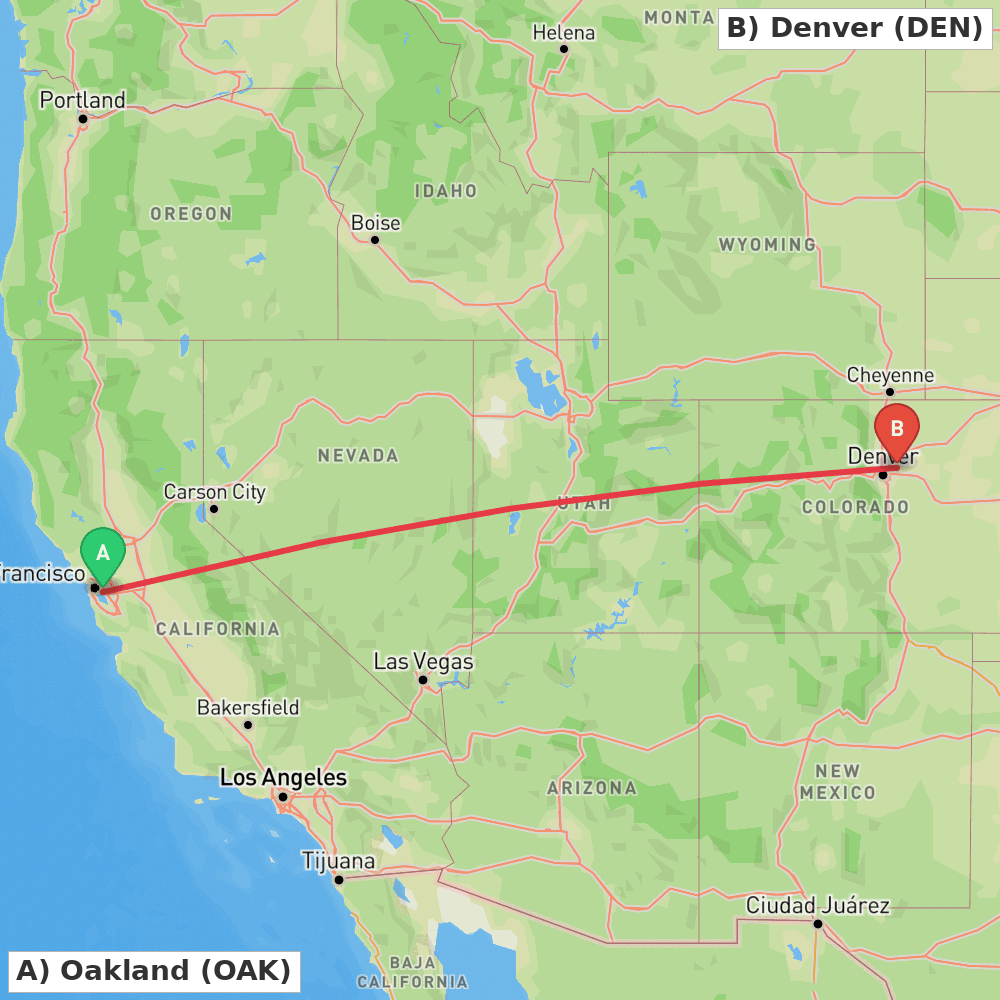 Flight route map from Oakland to Denver