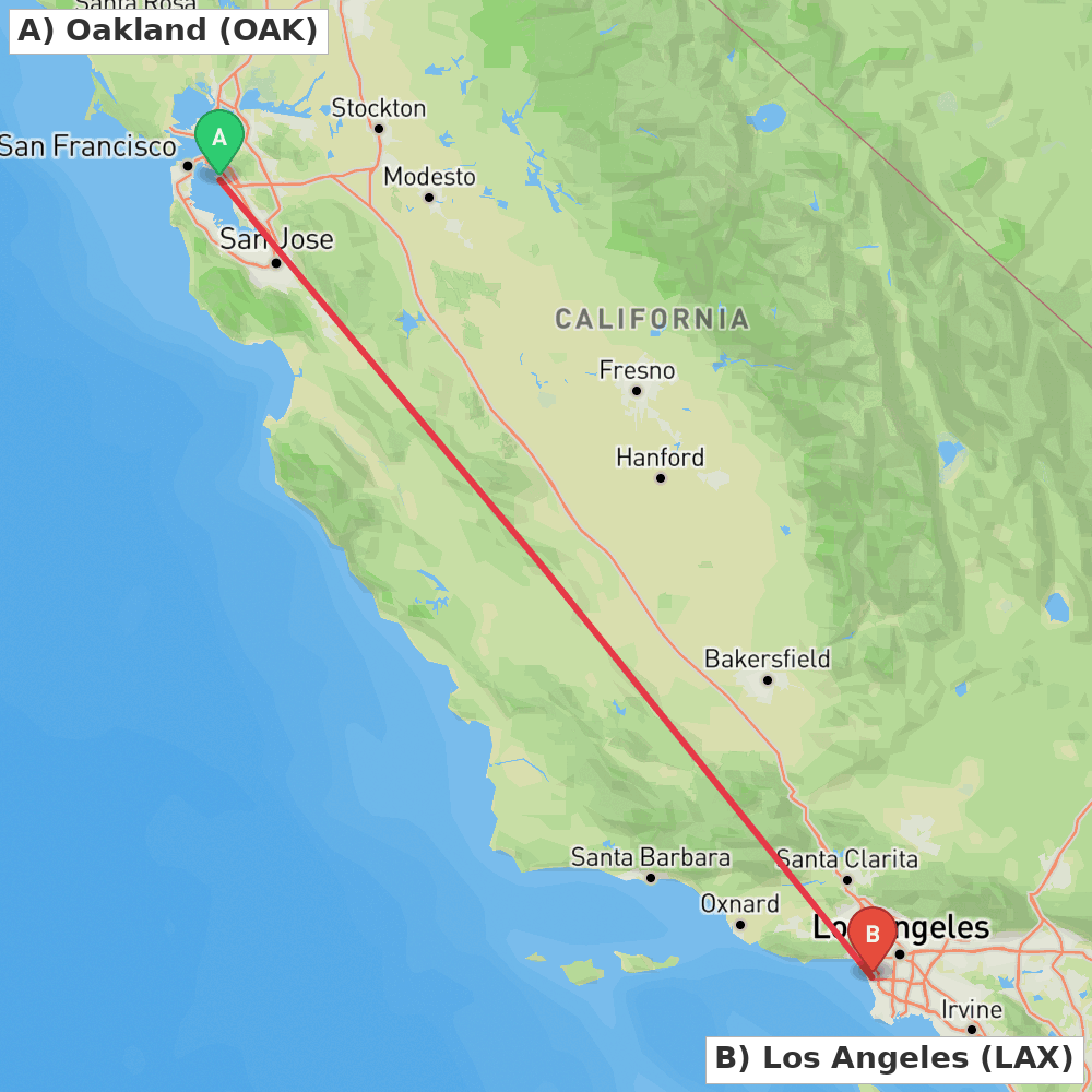 Flight route map from Oakland to Los Angeles