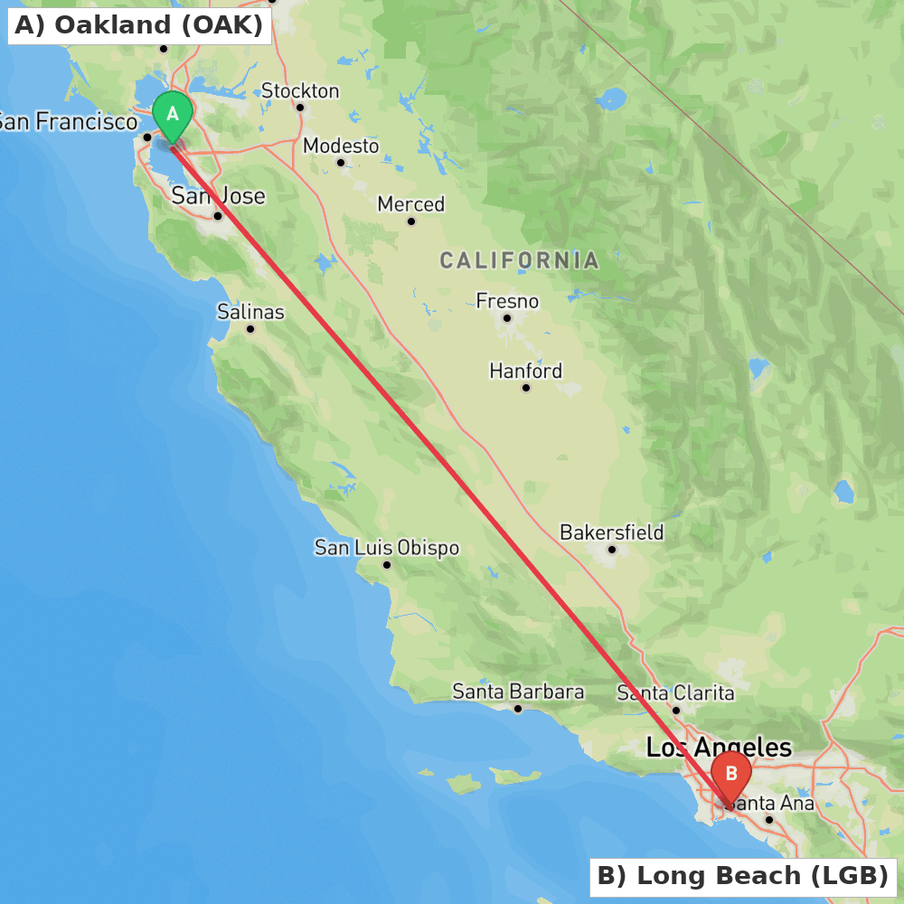 Flight route map from Oakland to Long Beach