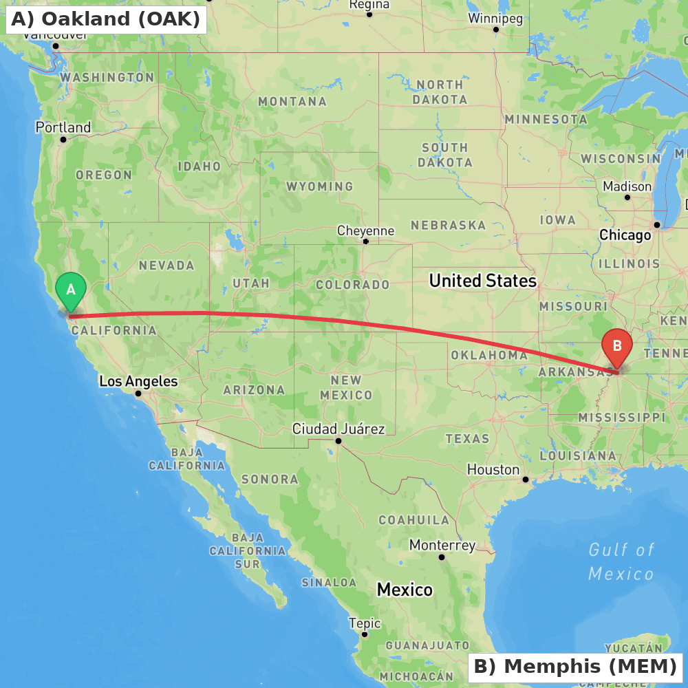 Flight route map from Oakland to Memphis