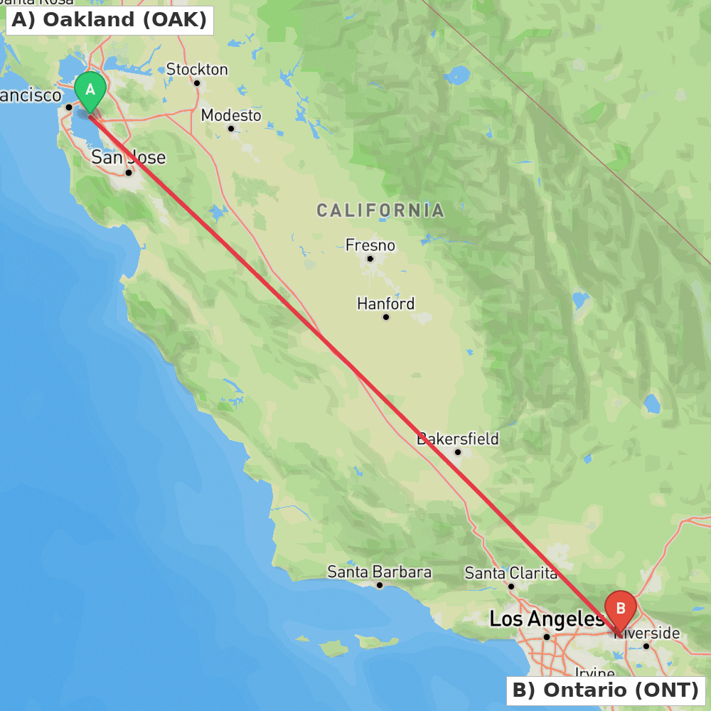 Flight route map from Oakland to Ontario