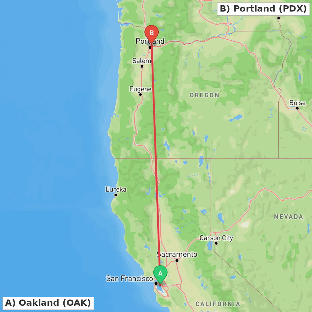 Flight route map from Oakland to Portland