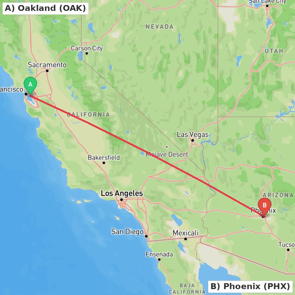 Flight route map from Oakland to Phoenix