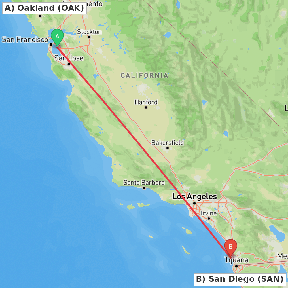 Flight route map from Oakland to San Diego