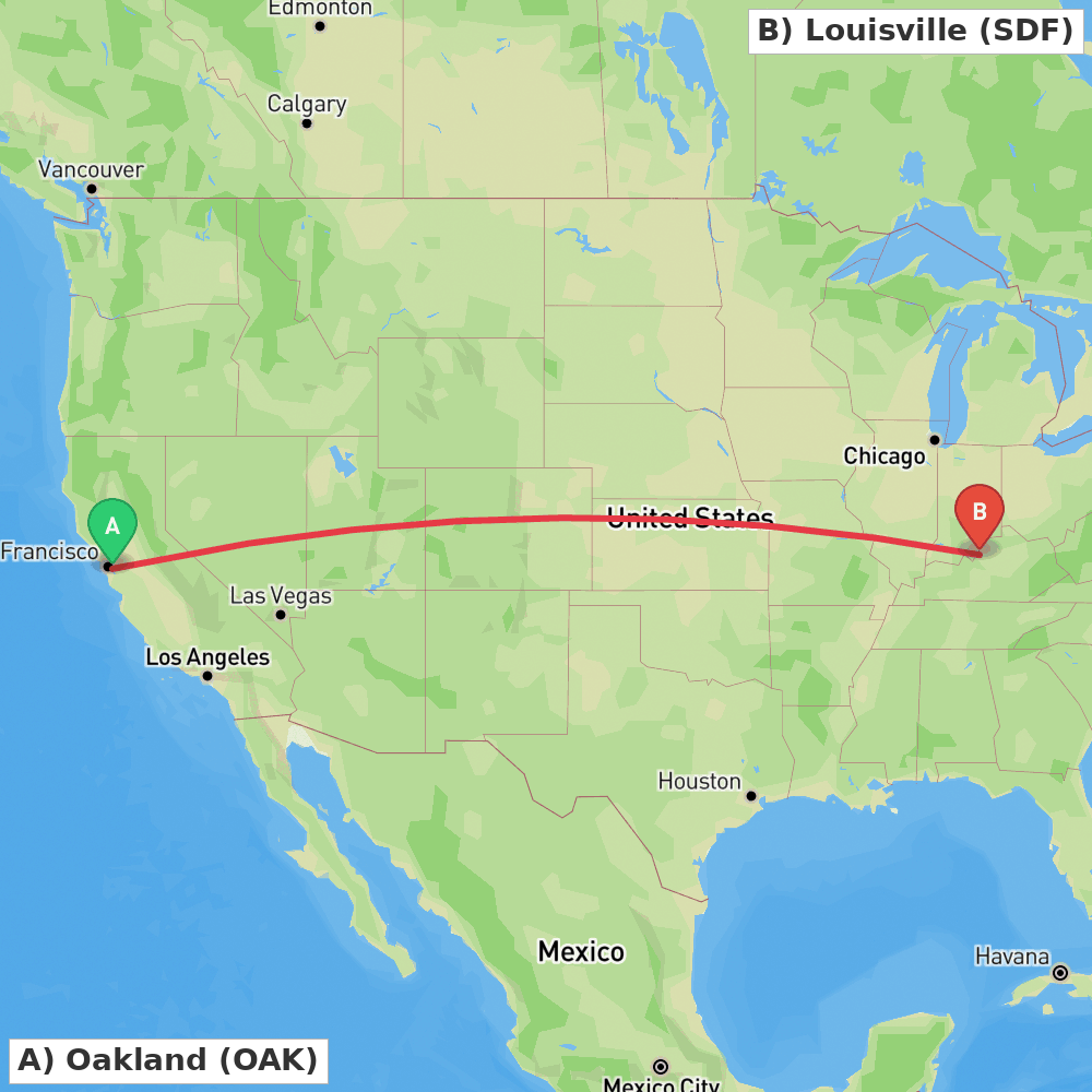 Flight route map from Oakland to Louisville