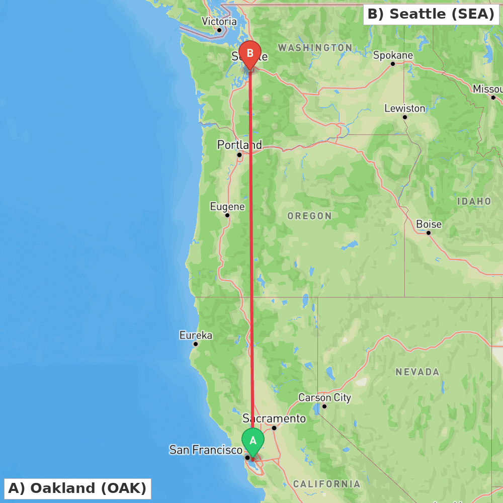 Flight route map from Oakland to Seattle