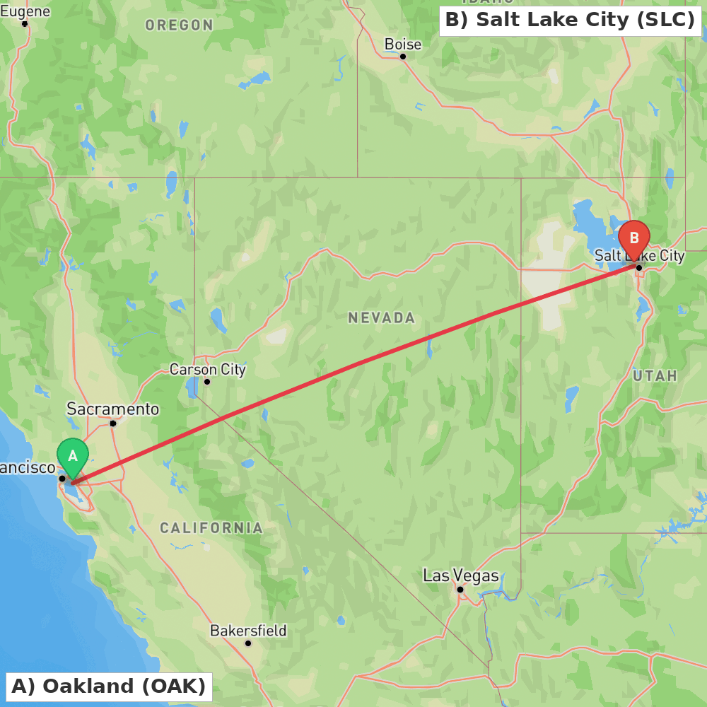 Flight route map from Oakland to Salt Lake City