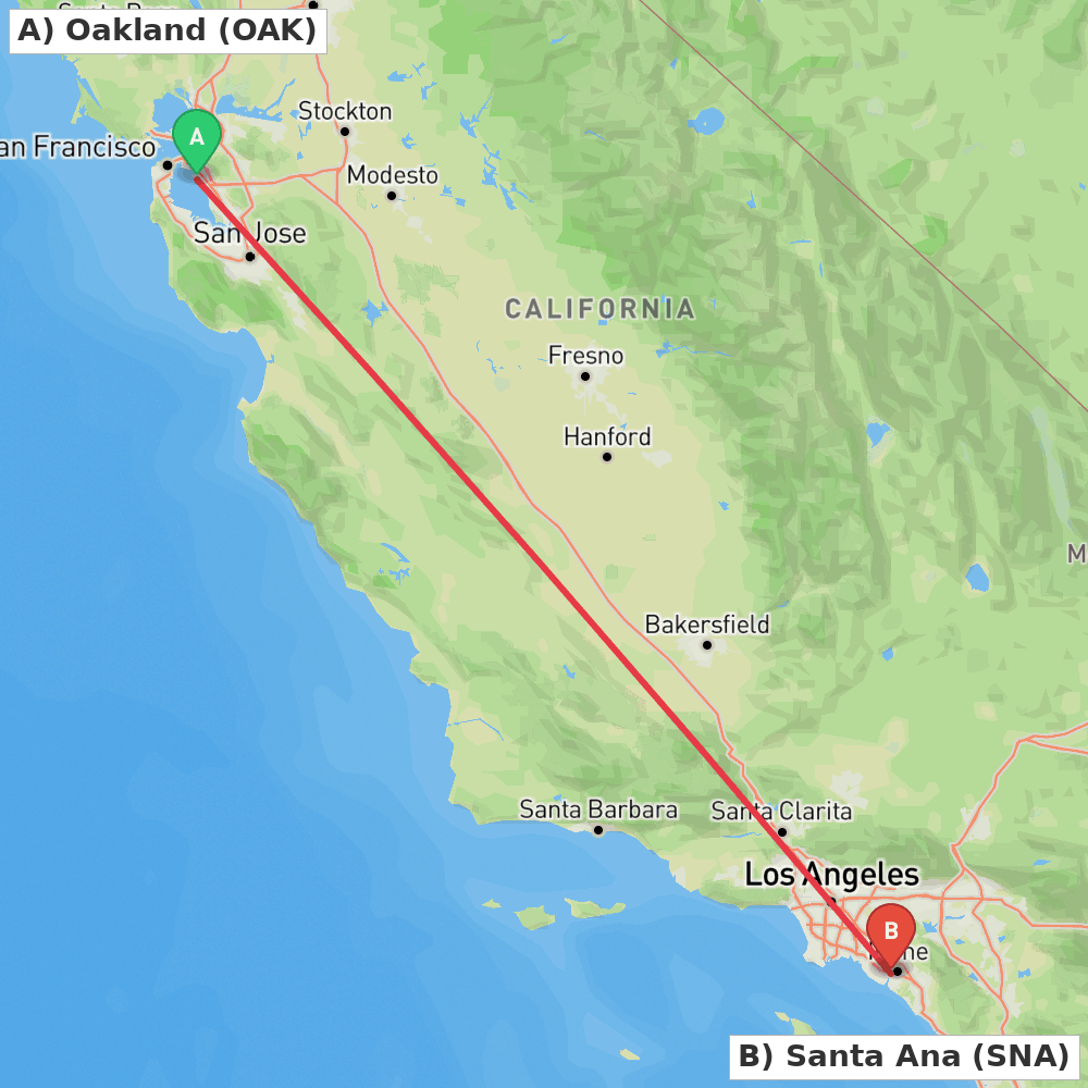 Flight route map from Oakland to Santa Ana