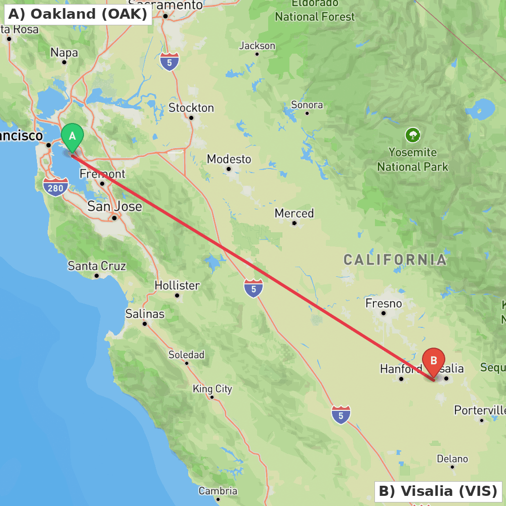 Flight route map from Oakland to Visalia