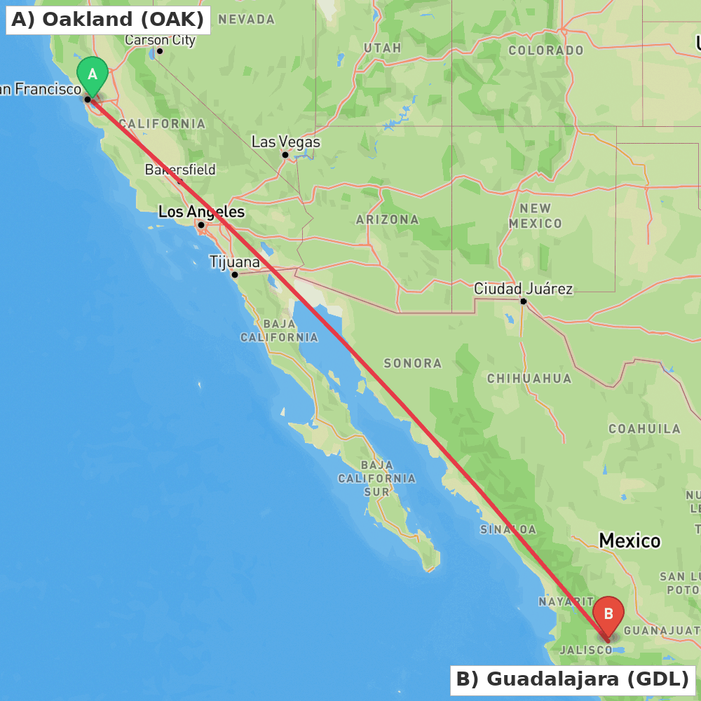 Flight route map from Oakland to Guadalajara