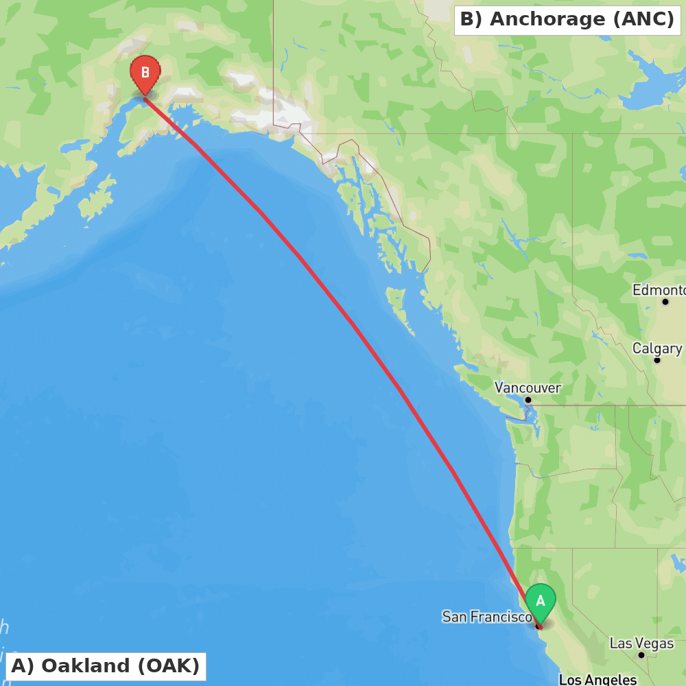Flight route map from Oakland to Anchorage