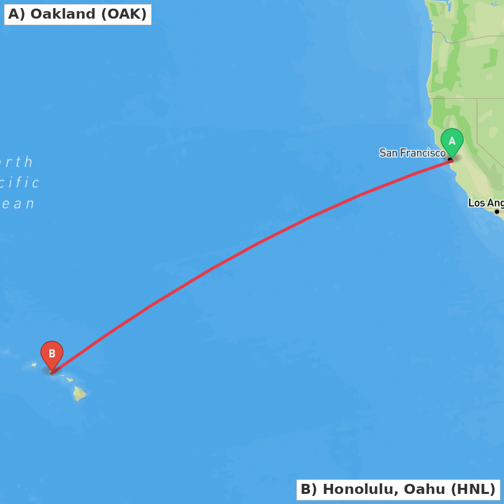Flight route map from Oakland to Honolulu, Oahu