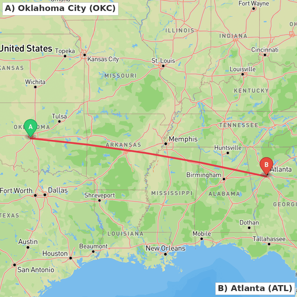 Flight route map from Oklahoma City to Atlanta