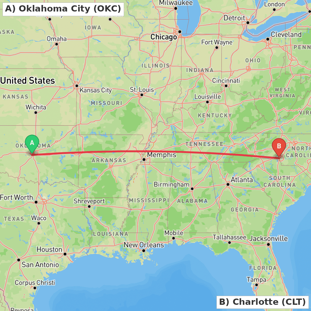 Flight route map from Oklahoma City to Charlotte