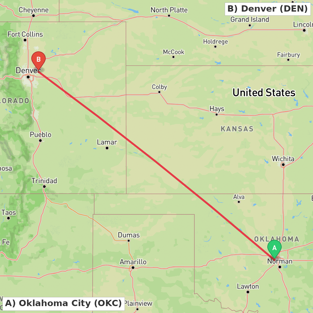 Flight route map from Oklahoma City to Denver