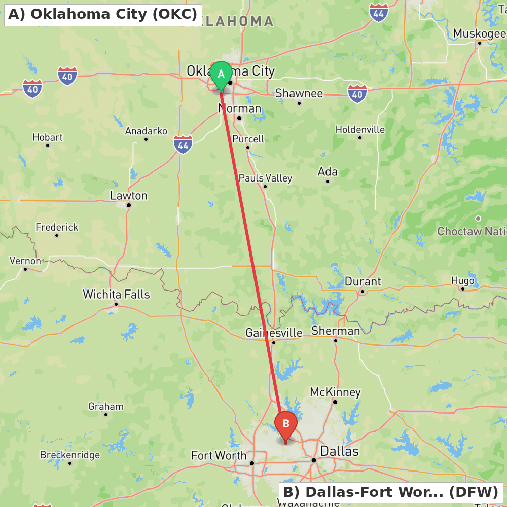 Flight route map from Oklahoma City to Dallas-Fort Worth