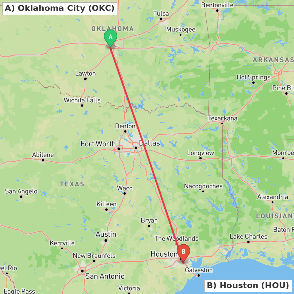 Flight route map from Oklahoma City to Houston