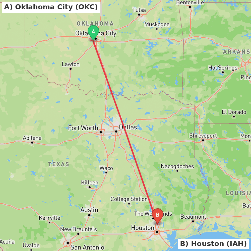 Flight route map from Oklahoma City to Houston