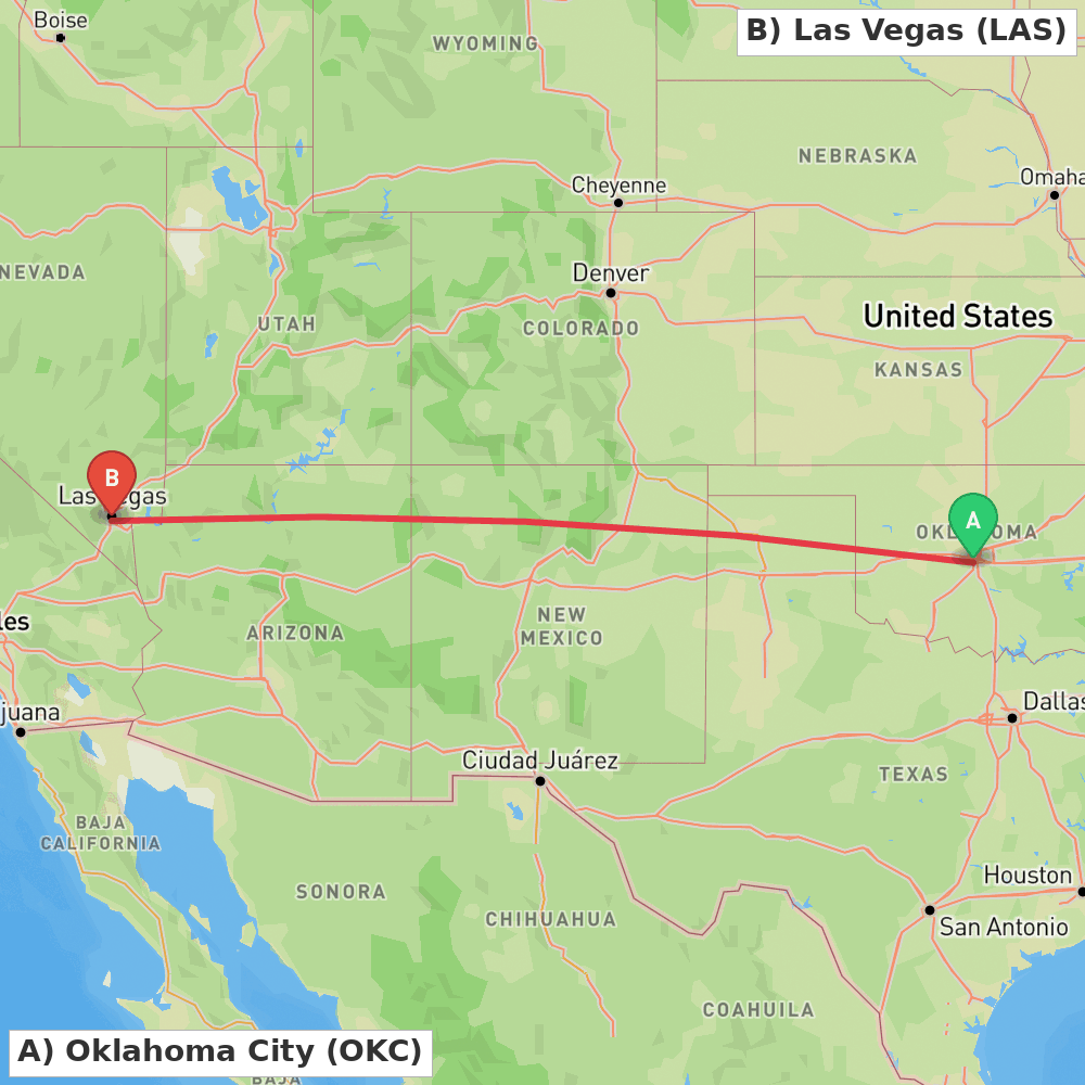 Flight route map from Oklahoma City to Las Vegas