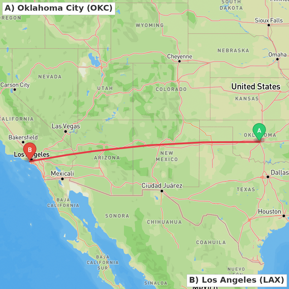 Flight route map from Oklahoma City to Los Angeles