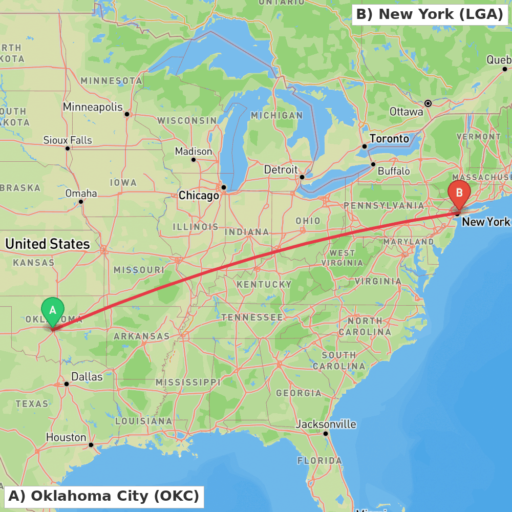 Flight route map from Oklahoma City to New York